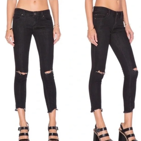 Free People Denim - Free People High Rise Stretch Skinny Distressed Jeans Raw Hem Black Size 28